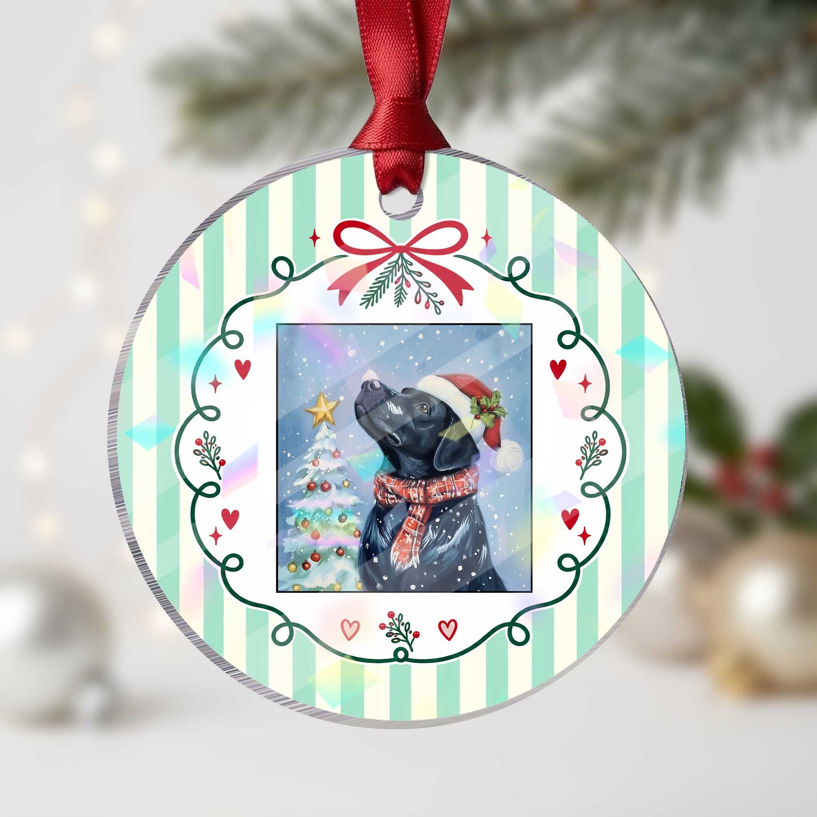 Cute Black Lab Christmas Holographic Acrylic Ornament Holiday Dog Lover Gift Idea