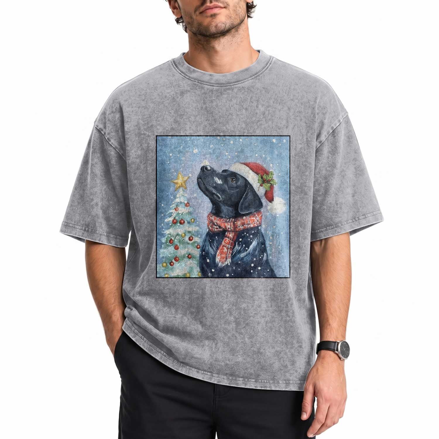 Cute Black Lab Christmas Washed Cotton T-Shirt Holiday Dog Lover Gift Idea