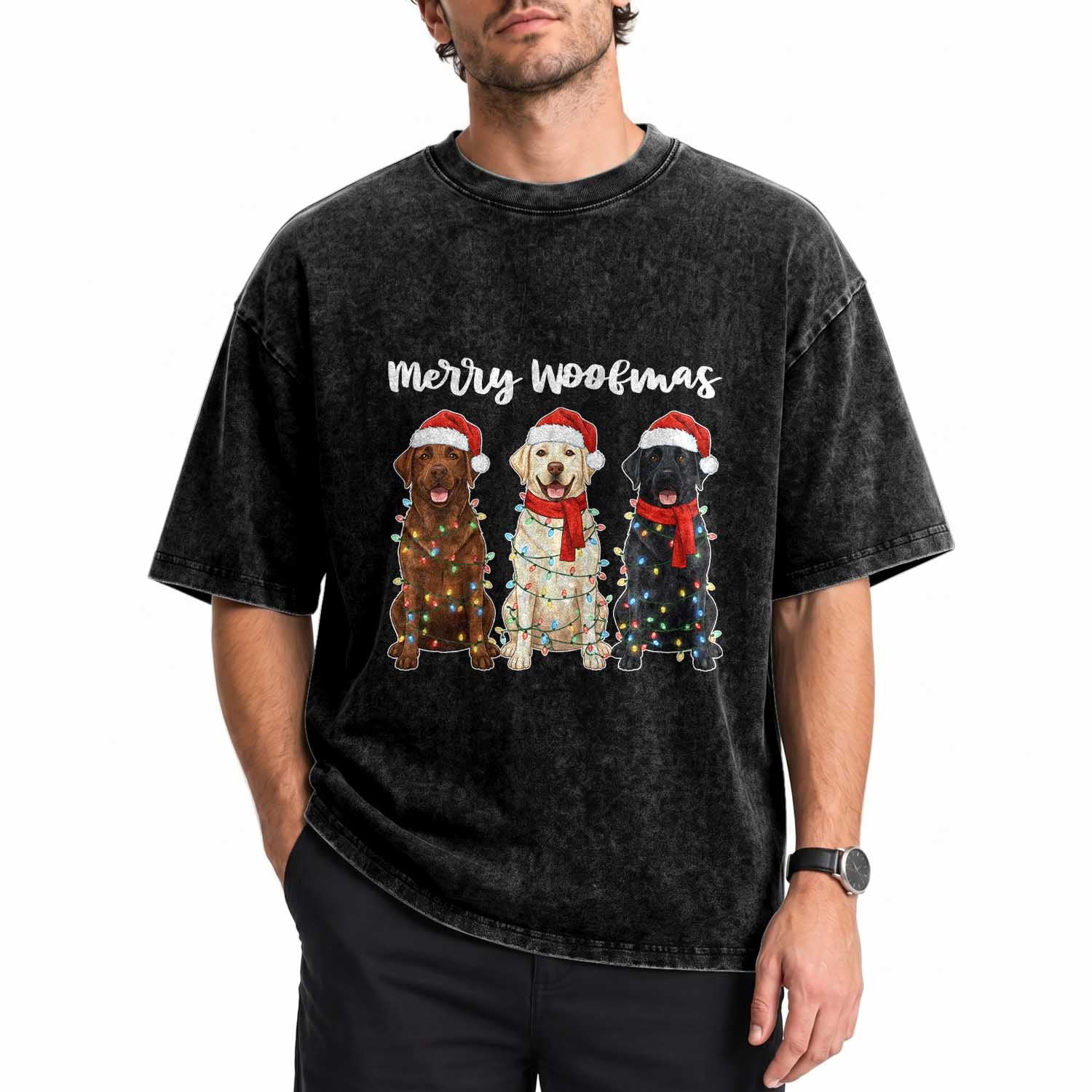 Funny Merry Woofmas Washed Cotton T-Shirt Labrador Funny Christmas Dog Lover Gift