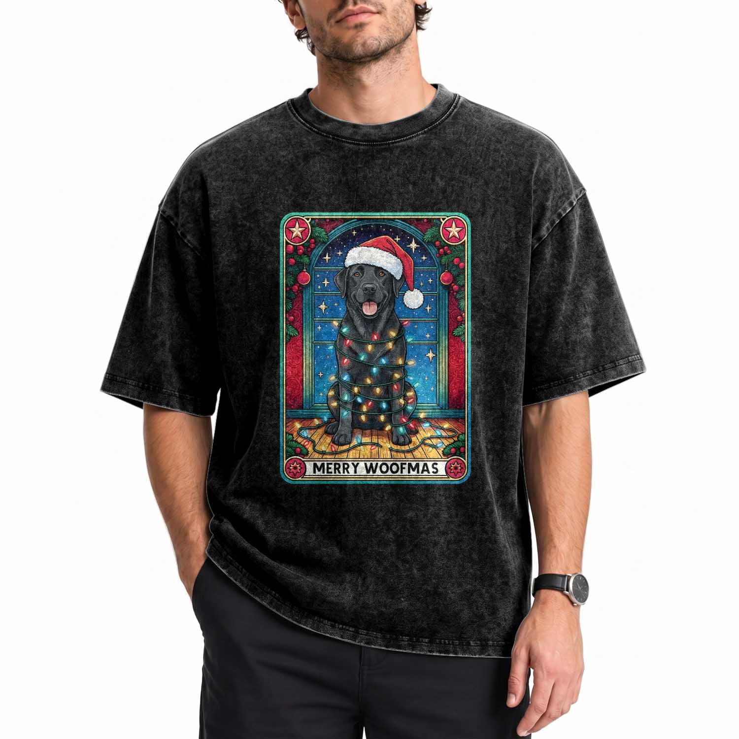Merry Woofmas Washed Cotton T-Shirt Funny Tarot Card Labrador Retriever Christmas Gift