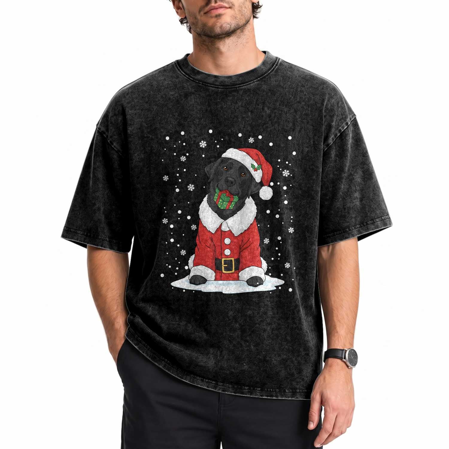 Black Labrador Santa Washed Cotton T-Shirt Funny Christmas Dog Lover Gift
