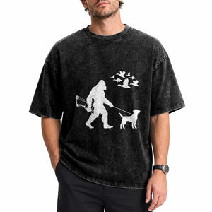 Funny Bow Hunter Washed Cotton T-Shirt Bigfoot Walking Labrador Hunting Dog Gift