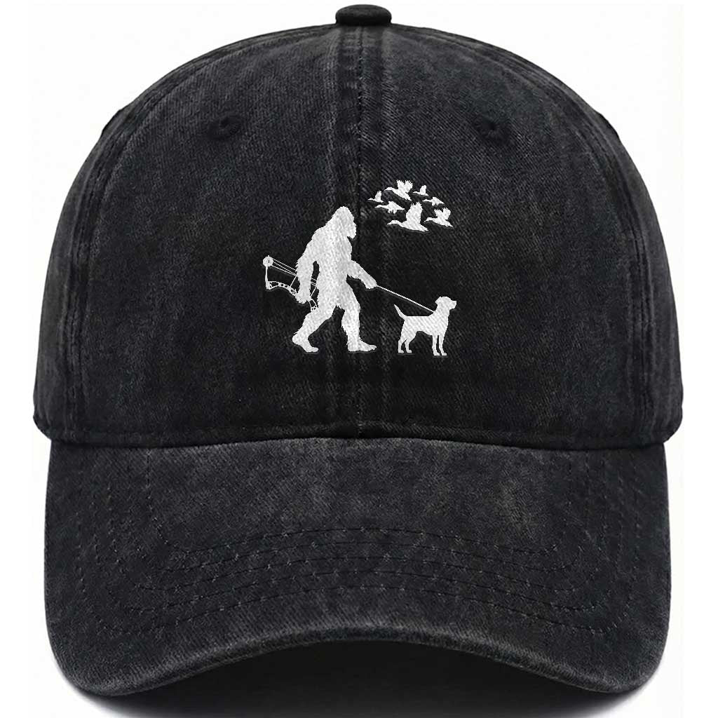 Funny Bow Hunter Washed Cotton Baseball Cap Bigfoot Walking Labrador Hunting Dog Gift TS12 Washed Cap Universal Fit Black Print Your Wear