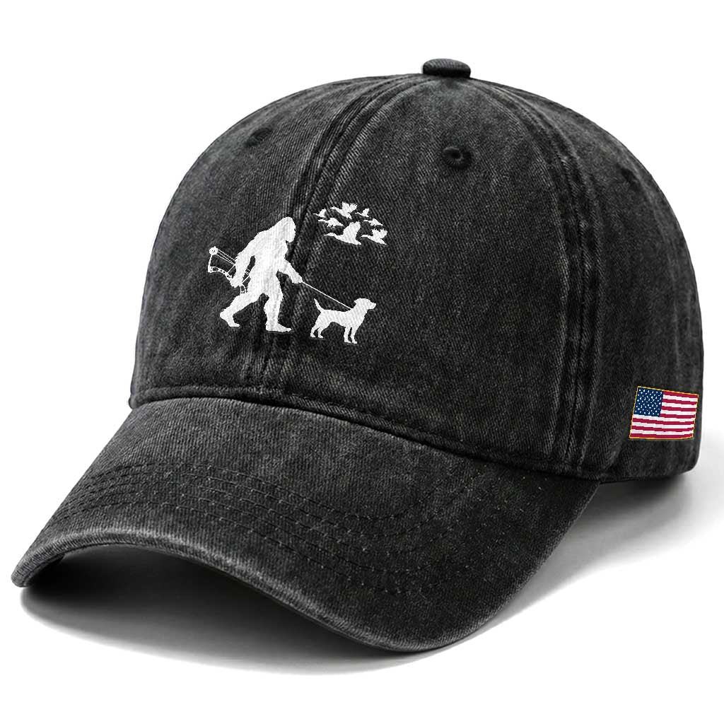 Funny Bow Hunter Washed Cotton Baseball Cap Bigfoot Walking Labrador Hunting Dog Gift TS12 Print Your Wear