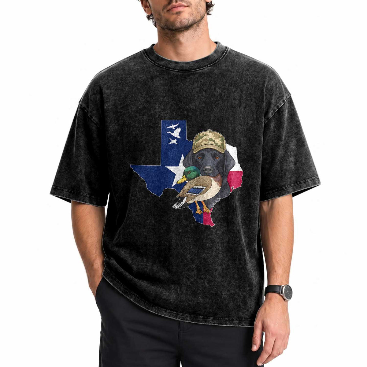 Funny Texas Duck Hunting Season Washed Cotton T-Shirt Black Labrador Hunter Gift