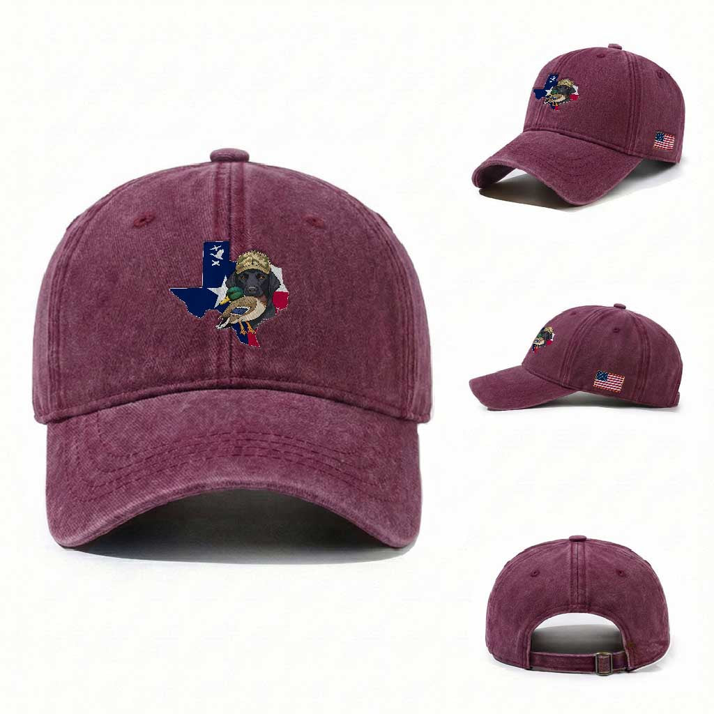 Funny Texas Duck Hunting Season Washed Cotton Baseball Cap Black Labrador Hunter Gift TS12 Washed Cap Universal Fit Burgundy Print Your Wear