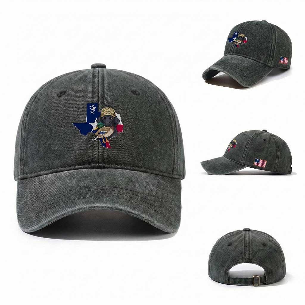 Funny Texas Duck Hunting Season Washed Cotton Baseball Cap Black Labrador Hunter Gift TS12 Washed Cap Universal Fit Dark Green Print Your Wear