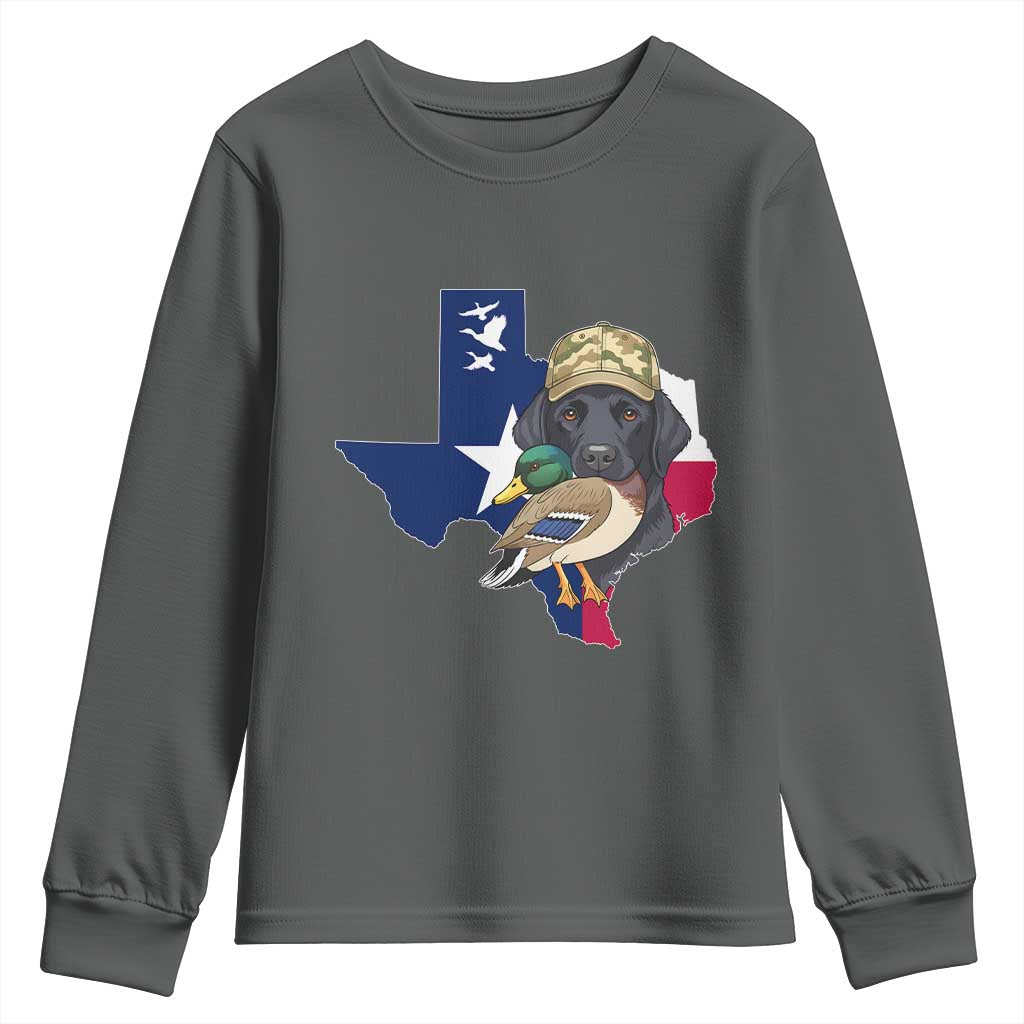 Funny Texas Duck Hunting Season Youth Sweatshirt Black Labrador Hunter Gift TS12 Dark Heather Print Your Wear