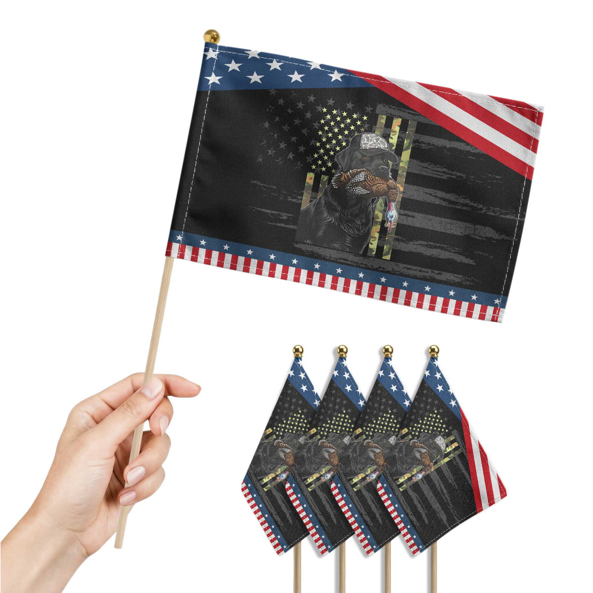 Camo Hunting Dog Turkey American Pride Gift Patriotic Handheld Flag TS12 Print Your Wear