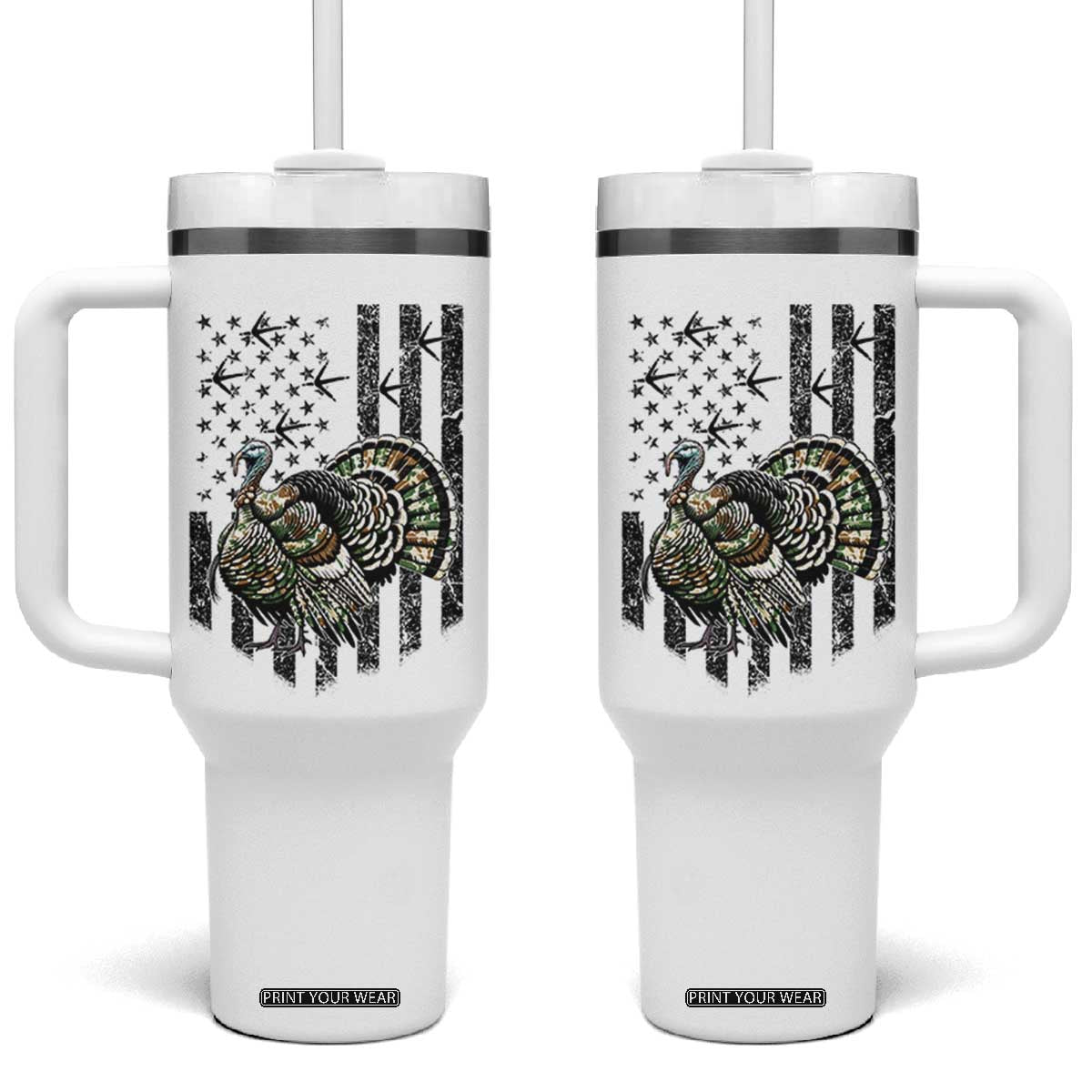 Turkey Hunter Tumbler With Handle Patriotic American Flag Gift TS12 One Size: 40 oz White Print Your Wear
