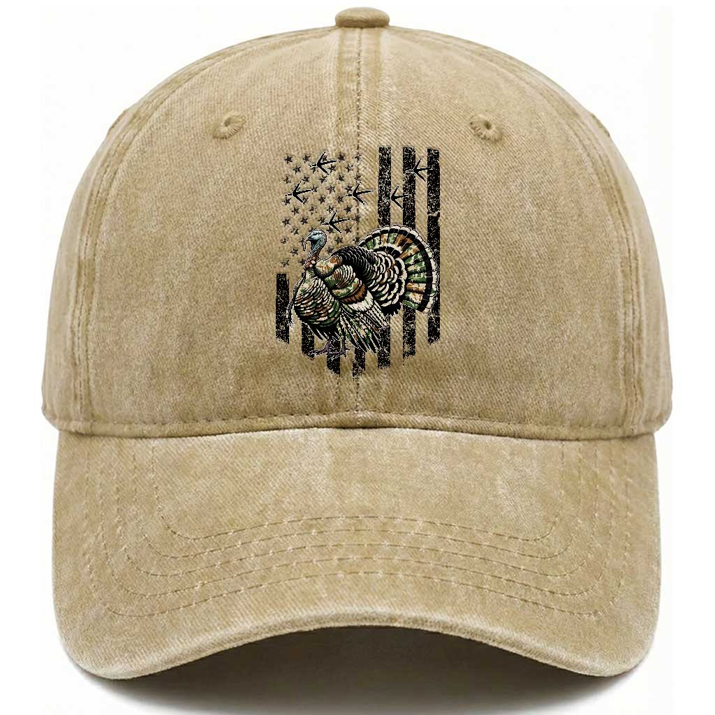 Turkey Hunter Washed Cotton Baseball Cap Patriotic American Flag Gift TS12 Washed Cap Universal Fit Khaki Print Your Wear