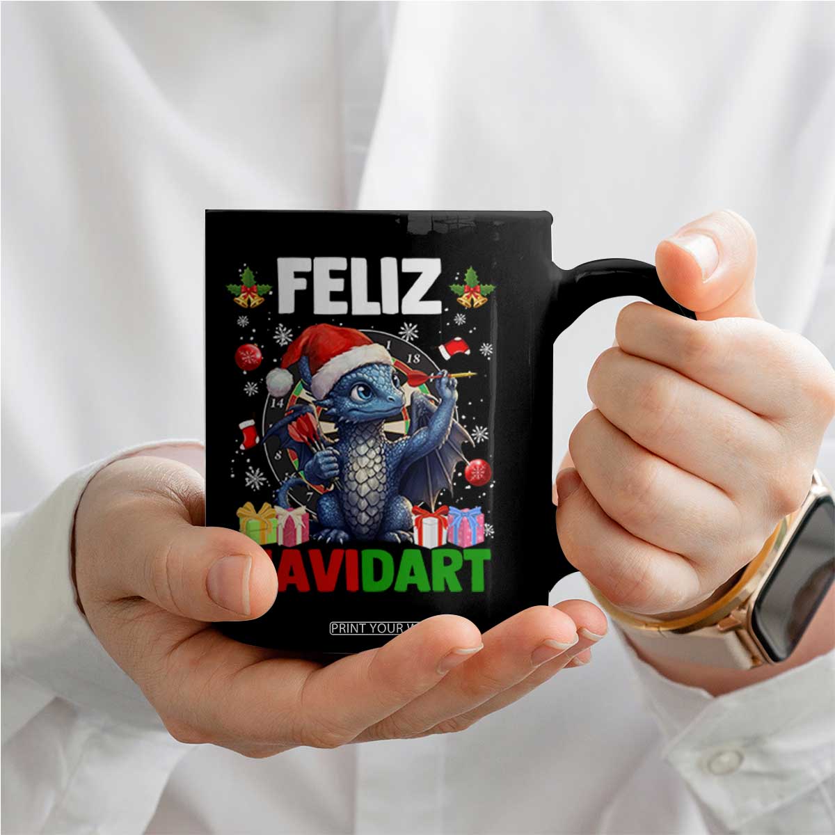 Funny Dragon Throwing Dart Christmas Gift Coffee Mug Feliz Navidart TS12 Print Your Wear