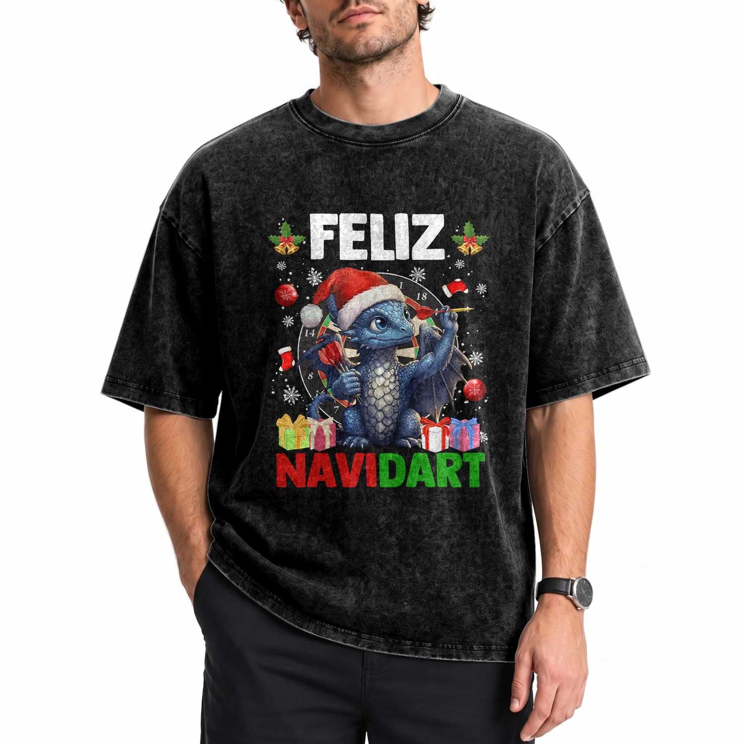 Funny Dragon Throwing Dart Christmas Gift Washed Cotton T-Shirt Feliz Navidart