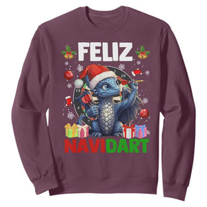 Funny Dragon Throwing Dart Christmas Gift Sweatshirt Feliz Navidart TS12 Maroon Print Your Wear