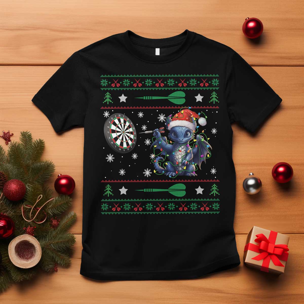 Funny Dragon Throwing Dart T Shirt Ugly Christmas Dart Player Gift TS12 Black Print Your Wear