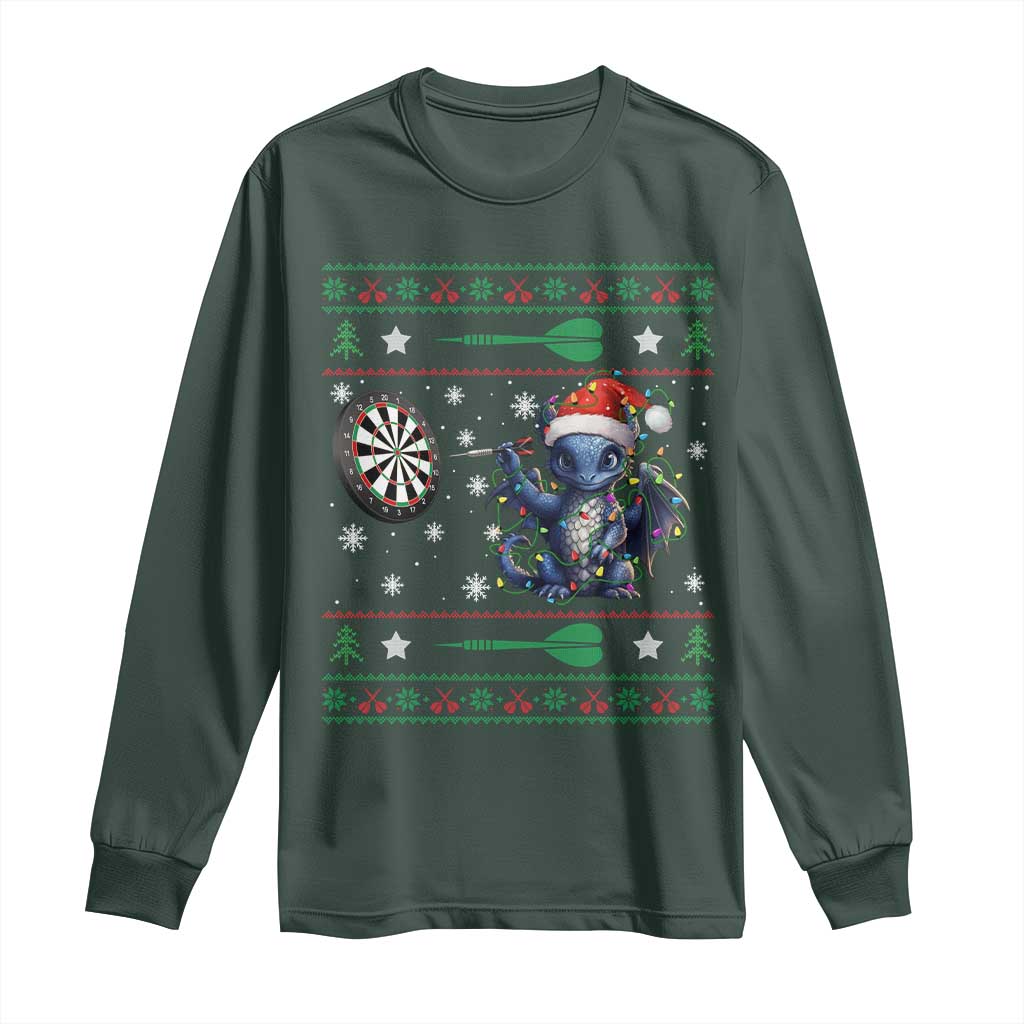 Funny Dragon Throwing Dart Long Sleeve Shirt Ugly Christmas Dart Player Gift TS12 Dark Forest Green Print Your Wear