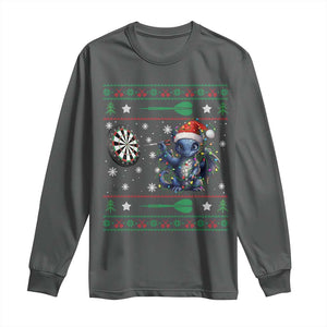 Funny Dragon Throwing Dart Long Sleeve Shirt Ugly Christmas Dart Player Gift TS12 Dark Heather Print Your Wear