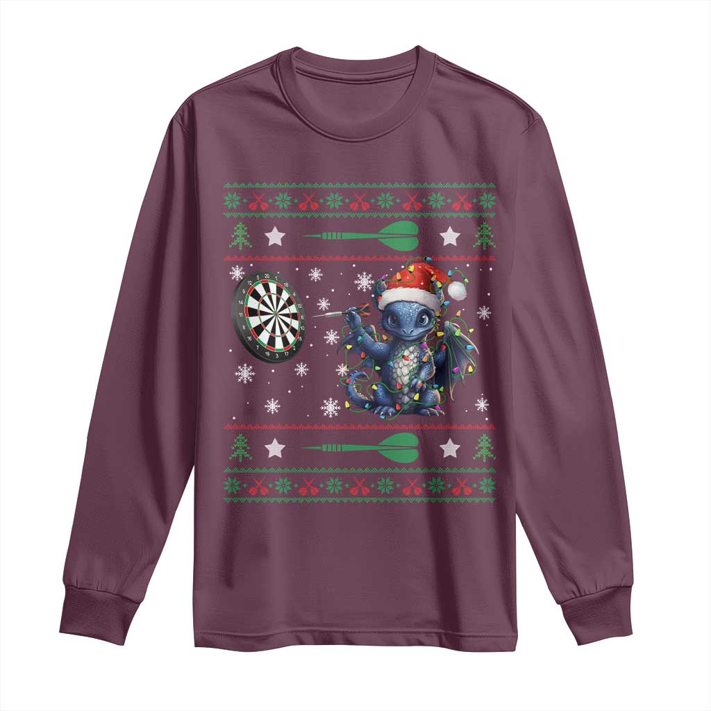 Funny Dragon Throwing Dart Long Sleeve Shirt Ugly Christmas Dart Player Gift TS12 Maroon Print Your Wear