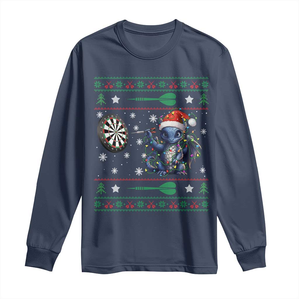 Funny Dragon Throwing Dart Long Sleeve Shirt Ugly Christmas Dart Player Gift TS12 Navy Print Your Wear