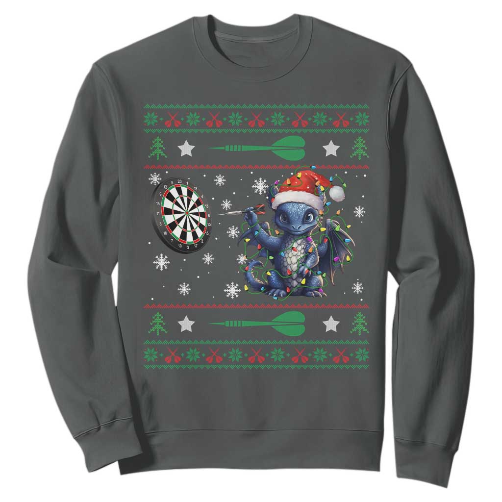 Funny Dragon Throwing Dart Sweatshirt Ugly Christmas Dart Player Gift TS12 Dark Heather Print Your Wear