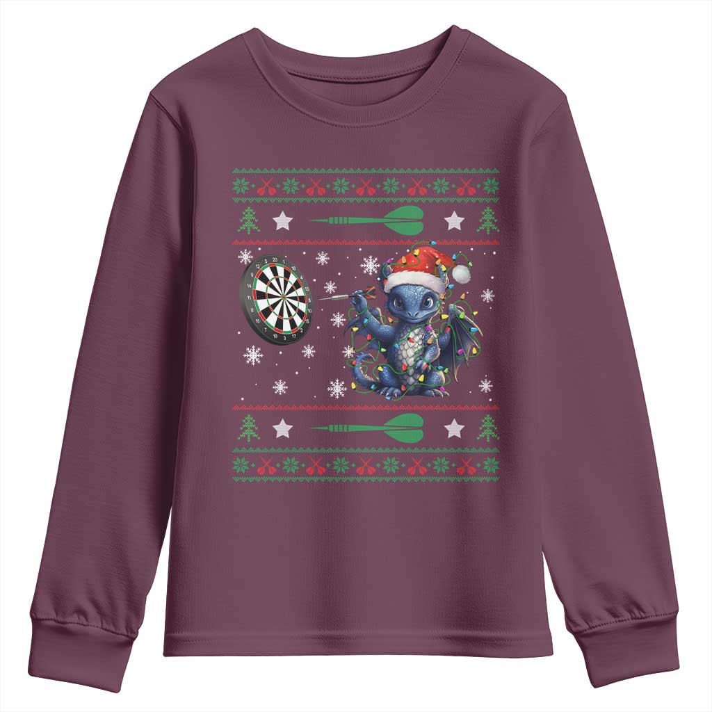 Funny Dragon Throwing Dart Youth Sweatshirt Ugly Christmas Dart Player Gift TS12 Maroon Print Your Wear