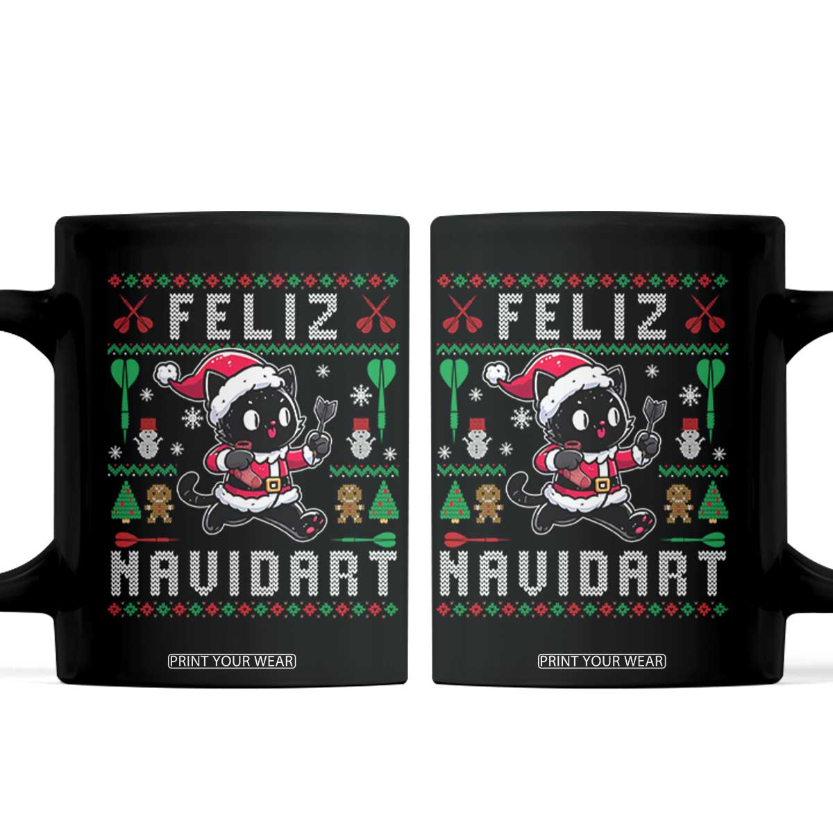 Santa Cat Feliz Navidart Coffee Mug Funny Dartist Ugly Christmas Gift TS12 Black Print Your Wear