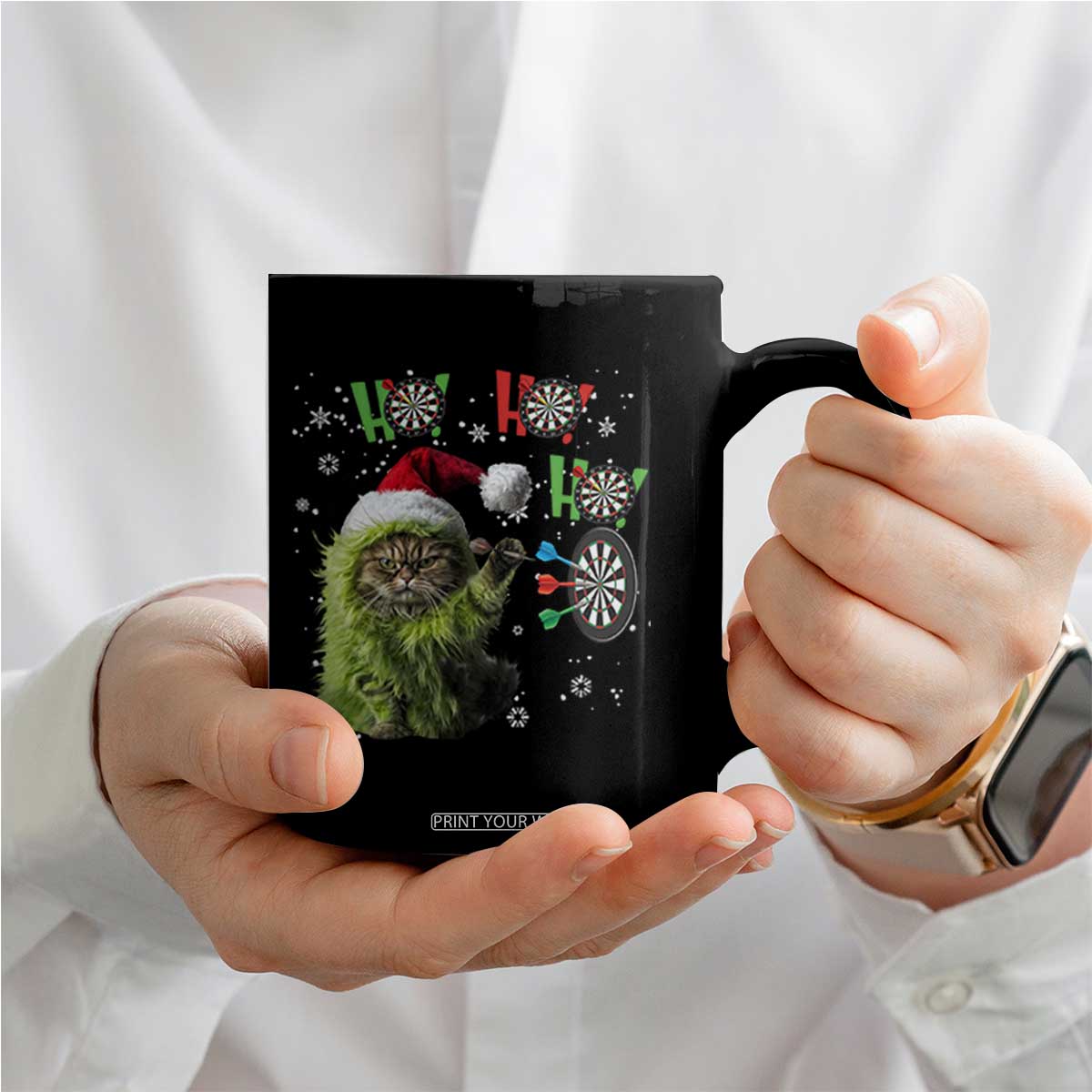 Funny Cat Throwing Dart Ho Ho Ho Coffee Mug Christmas Gift For Dart Player TS12 Print Your Wear