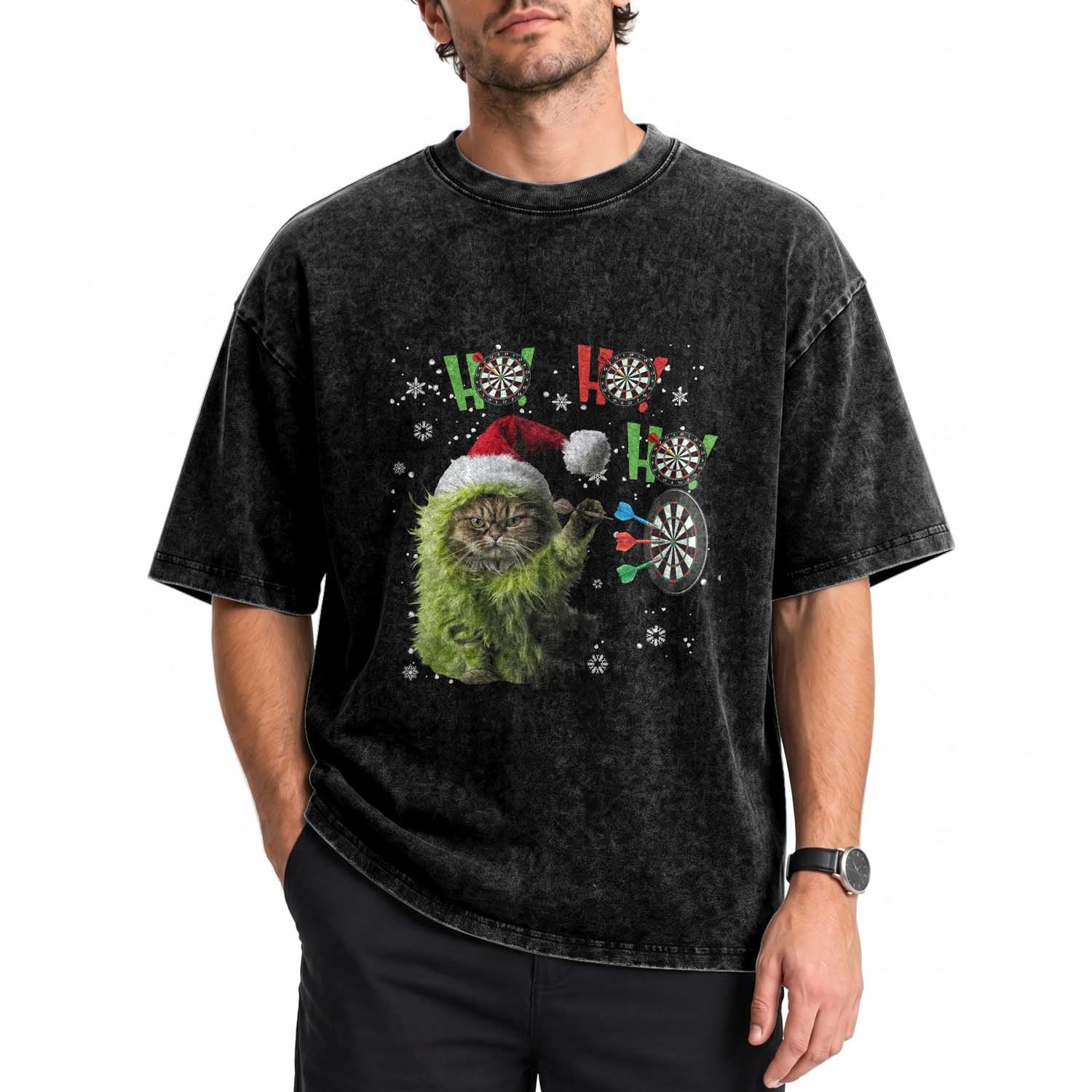 Funny Cat Throwing Dart Ho Ho Ho Washed Cotton T-Shirt Christmas Gift For Dart Player