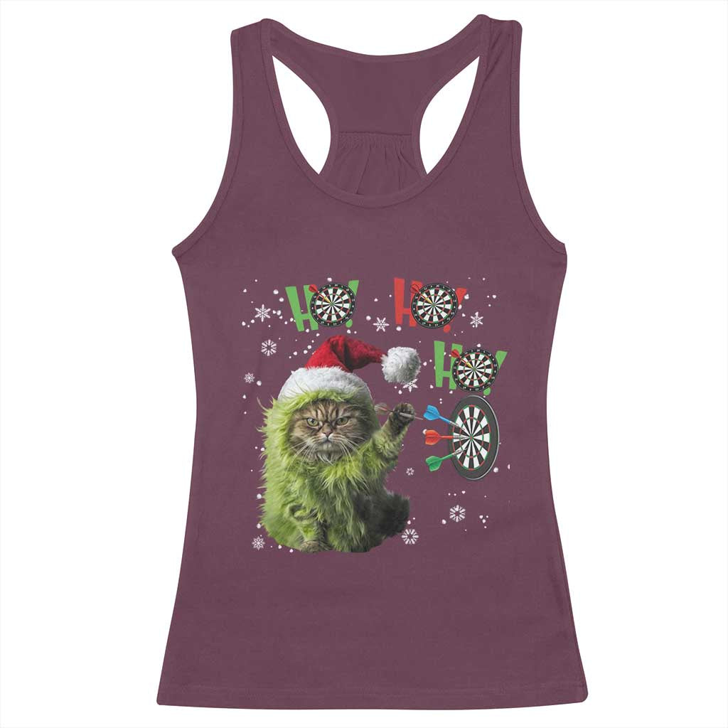 Funny Cat Throwing Dart Ho Ho Ho Racerback Tank Top Christmas Gift For Dart Player TS12 Maroon Print Your Wear