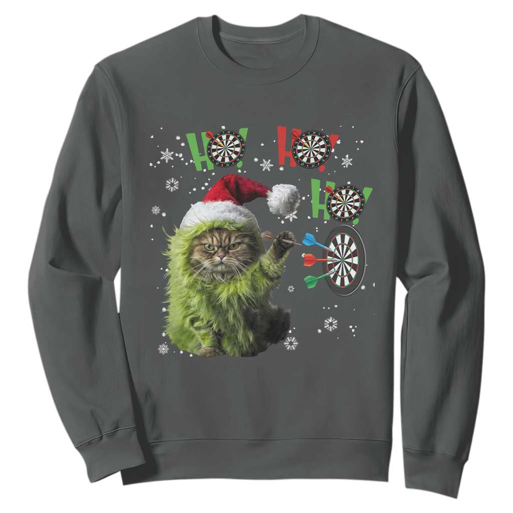 Funny Cat Throwing Dart Ho Ho Ho Sweatshirt Christmas Gift For Dart Player TS12 Dark Heather Print Your Wear