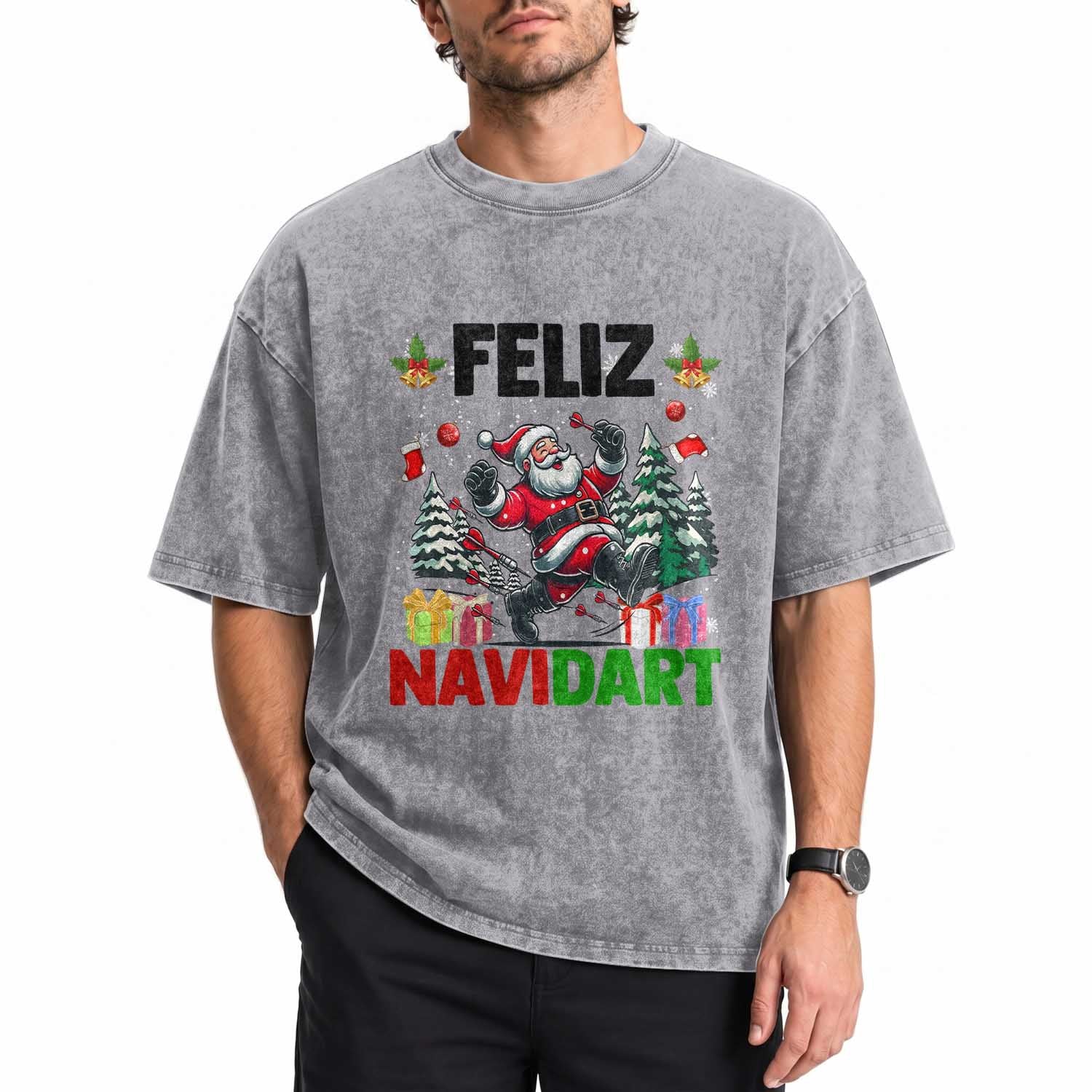 Dartist Feliz Navidart Washed Cotton T-Shirt Funny Santa Running From Darts Christmas Gift