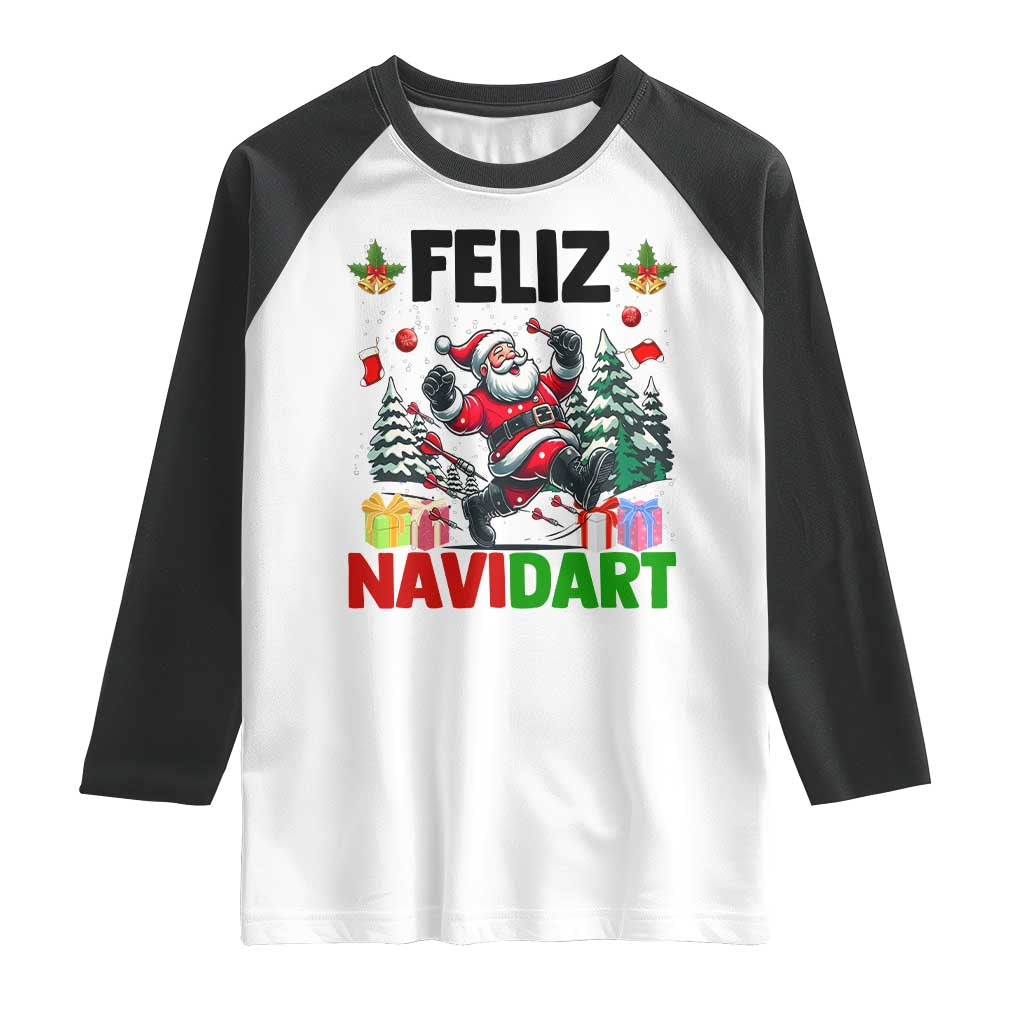 Dartist Feliz Navidart Raglan Shirt Funny Santa Running From Darts Christmas Gift TS12 White Black Print Your Wear