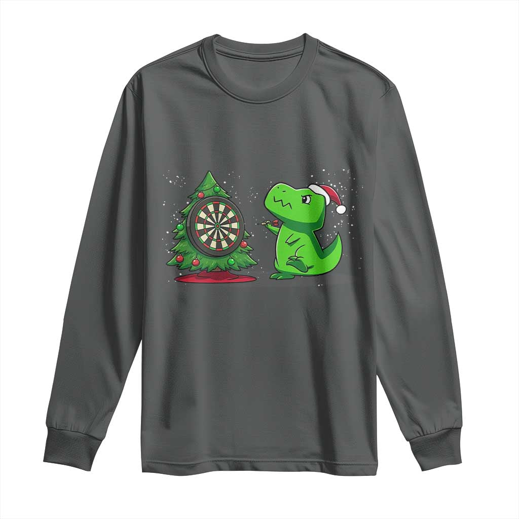 Christmas Dinosaur Dart Player Long Sleeve Shirt Funny Dino Lover TS12 Dark Heather Print Your Wear