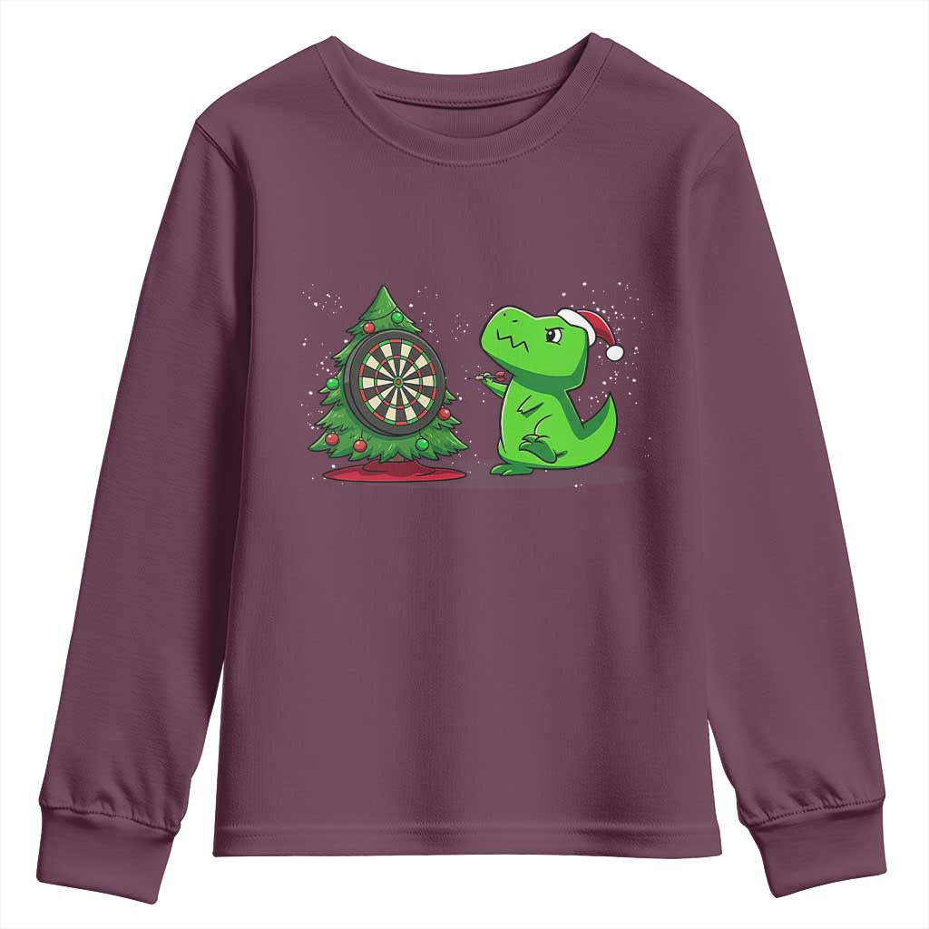 Christmas Dinosaur Dart Player Youth Sweatshirt Funny Dino Lover TS12 Maroon Print Your Wear
