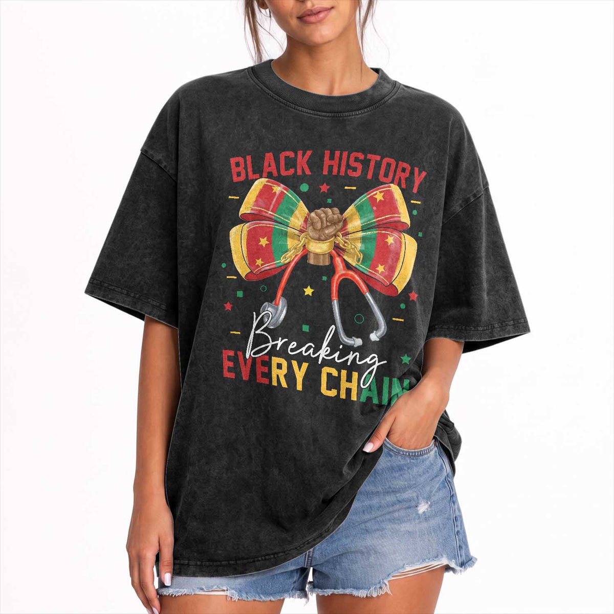 Black History Breaking Every Chain Washed Cotton T-Shirt Gift For Black Nurse
