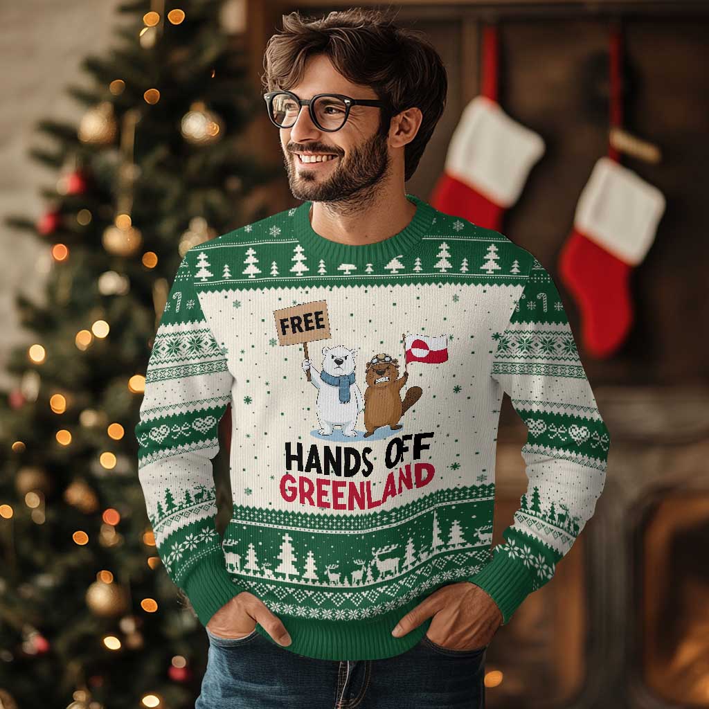 Funny Polar Bear Political Protest Ugly Christmas Sweater Hands Off Greenland TS12 Beige Green Print Your Wear