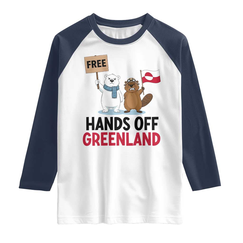 Funny Polar Bear Political Protest Raglan Shirt Hands Off Greenland TS12 White Navy Print Your Wear