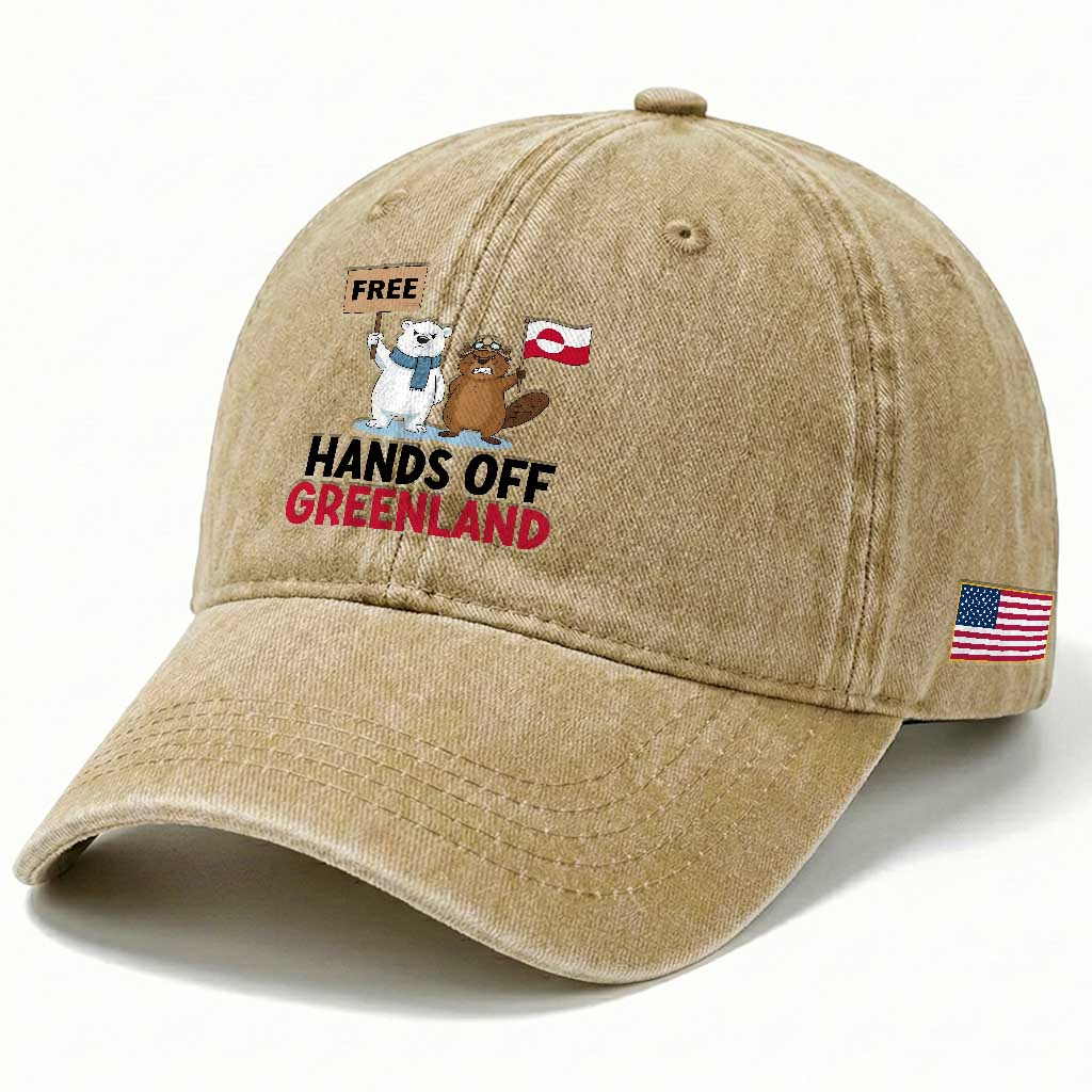 Funny Polar Bear Political Protest Washed Cotton Baseball Cap Hands Off Greenland TS12 Print Your Wear