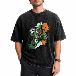 Funny Leprechaun Playing Soccer Washed Cotton T-Shirt St Patricks Day