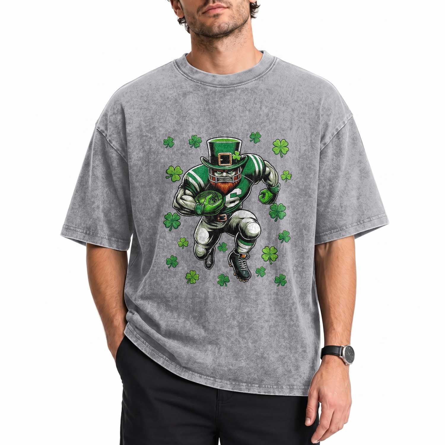 Leprechaun Football Dabbing Pose Washed Cotton T-Shirt Lucky Irish Gift