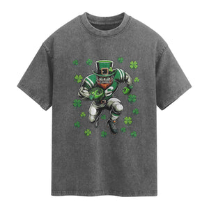 Leprechaun Football Dabbing Pose Washed Cotton T-Shirt Lucky Irish Gift