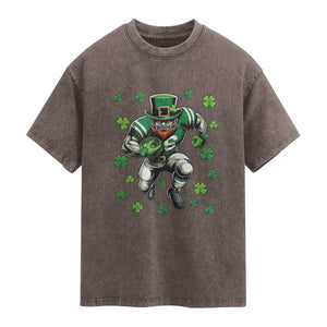 Leprechaun Football Dabbing Pose Washed Cotton T-Shirt Lucky Irish Gift