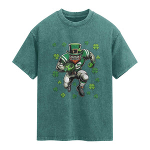 Leprechaun Football Dabbing Pose Washed Cotton T-Shirt Lucky Irish Gift