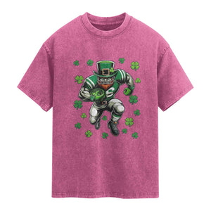 Leprechaun Football Dabbing Pose Washed Cotton T-Shirt Lucky Irish Gift