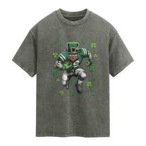 Leprechaun Football Dabbing Pose Washed Cotton T-Shirt Lucky Irish Gift