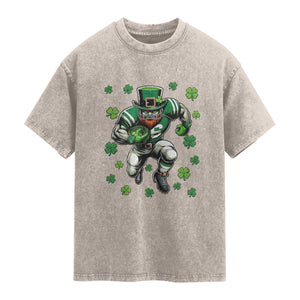 Leprechaun Football Dabbing Pose Washed Cotton T-Shirt Lucky Irish Gift