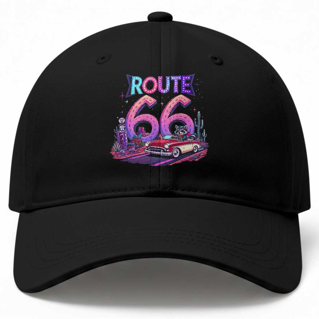 Route Highway 66 Americana Adventure Baseball Cap Cute Raccoon Driving Car TS12 Print Your Wear