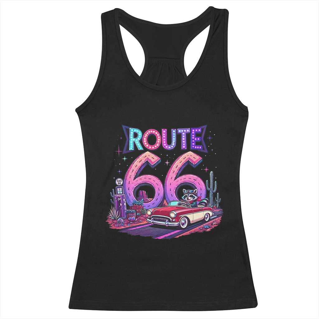 Route Highway 66 Americana Adventure Racerback Tank Top Cute Raccoon Driving Car TS12 Black Print Your Wear