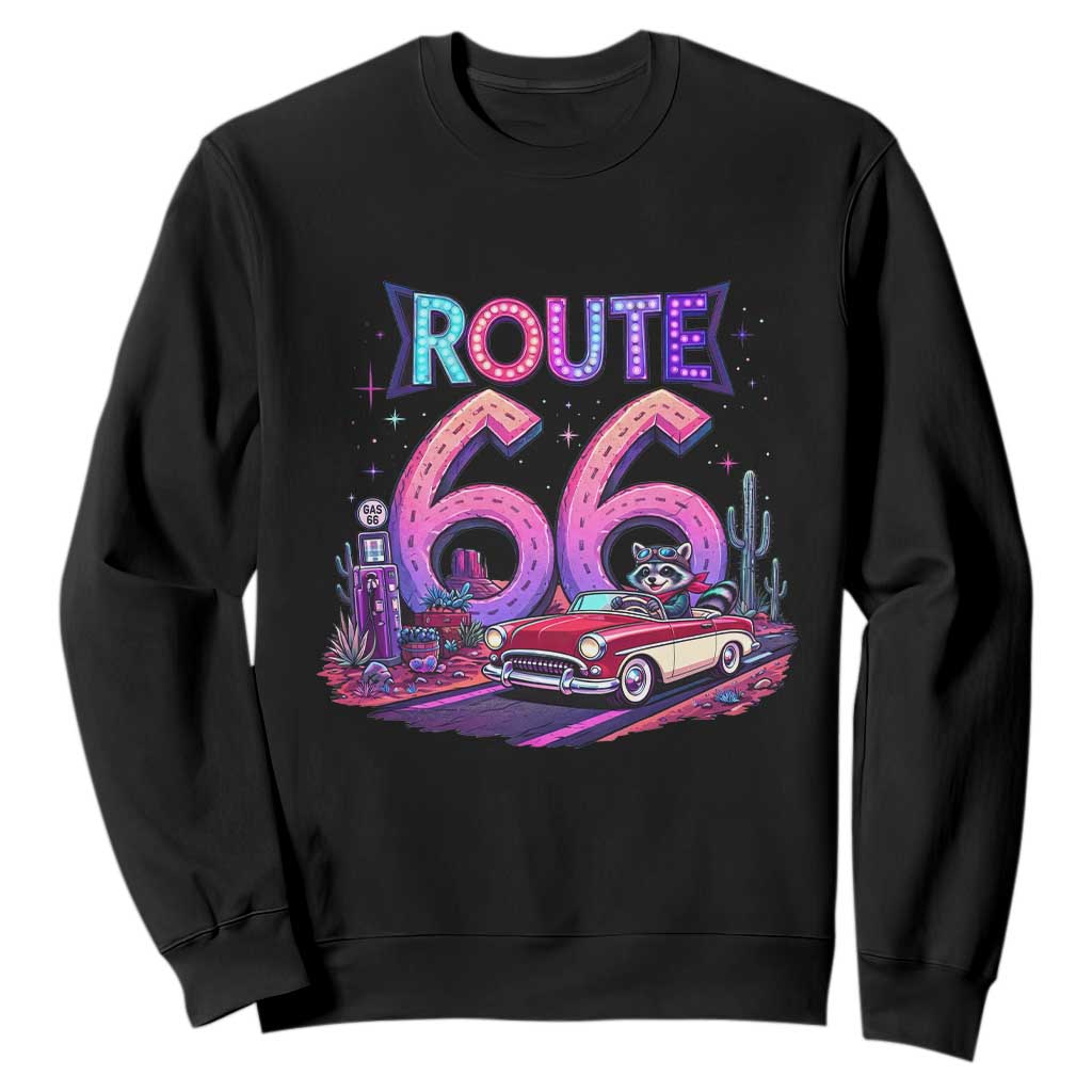 Route Highway 66 Americana Adventure Sweatshirt Cute Raccoon Driving Car TS12 Black Print Your Wear