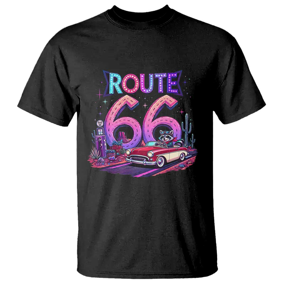 Route Highway 66 Americana Adventure T Shirt Cute Raccoon Driving Car TS12 Black Print Your Wear